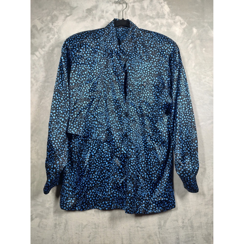 Escada Margaretha Ley‎ Vintage Blue Black Geometric Print Silk Blouse Size 38